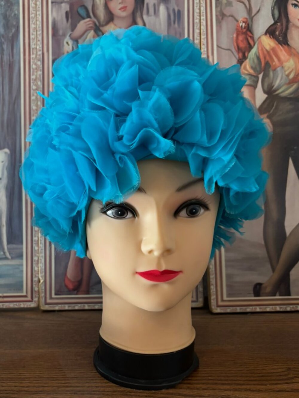 Vtg 1960's 70's Blue Stretch Fabric Chiffon Floral Turban Hat o/s